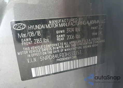 2018 Hyundai Elantra Sel z USA, uszkodzony, nr VIN 5NPD84LF0JH333353